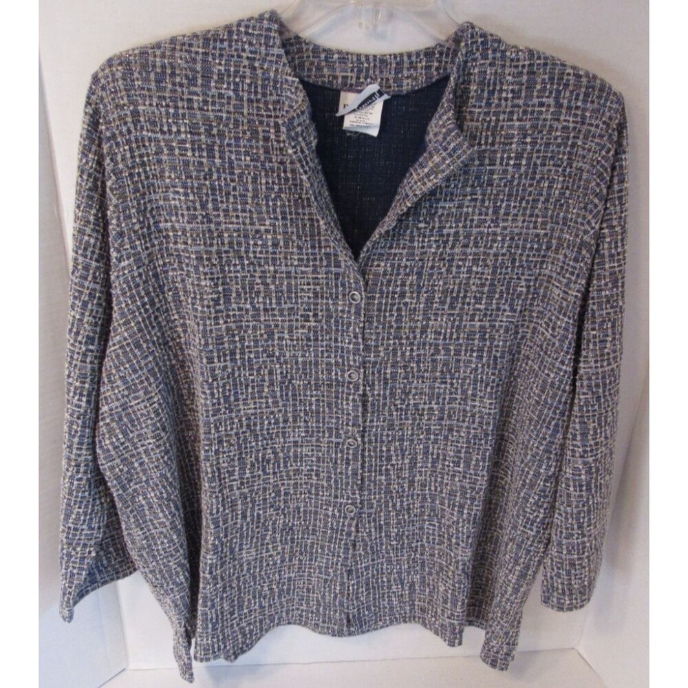 BonWorth LS Cardigan Top Natural Tweed Button Blue/Tan/White Size XL Petite